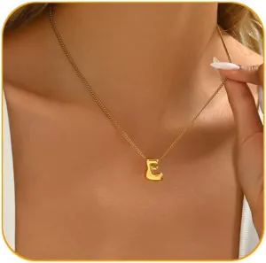 Gold Plated Initial Necklace, Women's Bubble Letter Pendant Necklace, Dainty Letter Initial Jewelry, Bubble Initial A-Z Gold Necklace for Girls