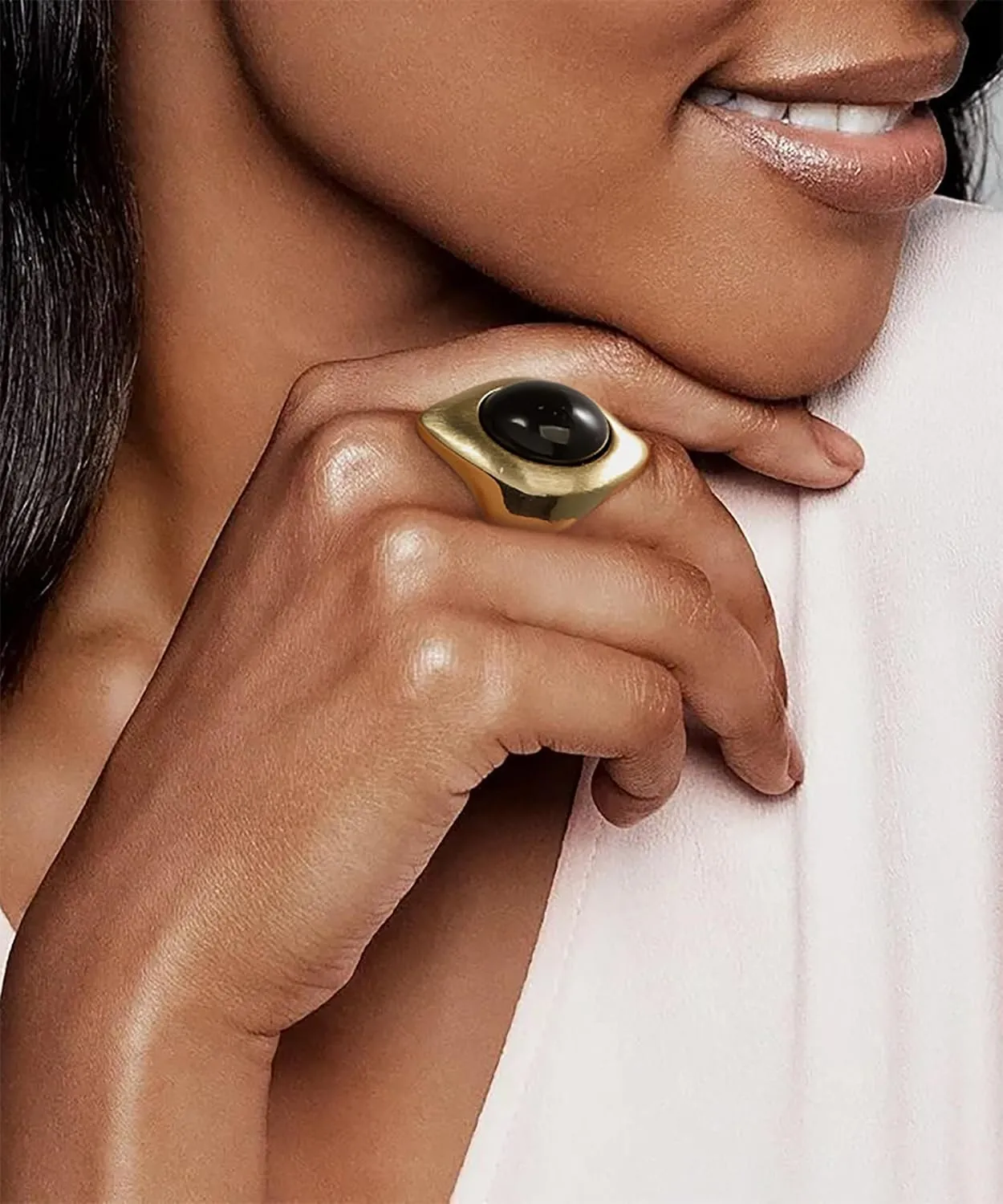Gold Rings for Women - Chunky Gold Rings Black Onyx White Stone - Gold Plated Non Tarnish Vintage Statement Rings Jewelry