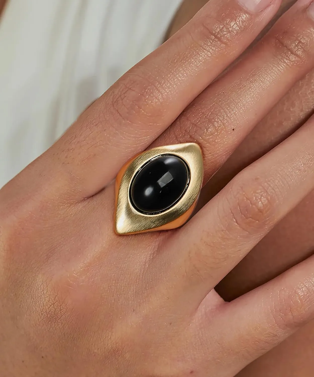 Gold Rings for Women - Chunky Gold Rings Black Onyx White Stone - Gold Plated Non Tarnish Vintage Statement Rings Jewelry