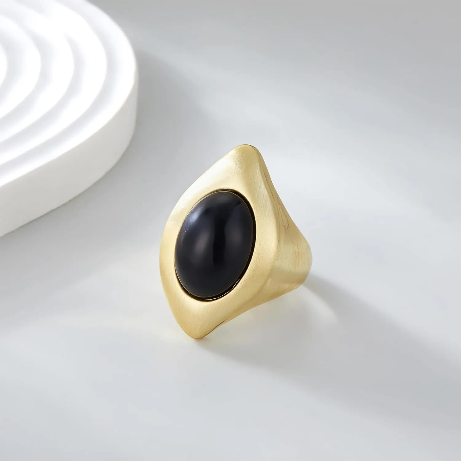 Gold Rings for Women - Chunky Gold Rings Black Onyx White Stone - Gold Plated Non Tarnish Vintage Statement Rings Jewelry