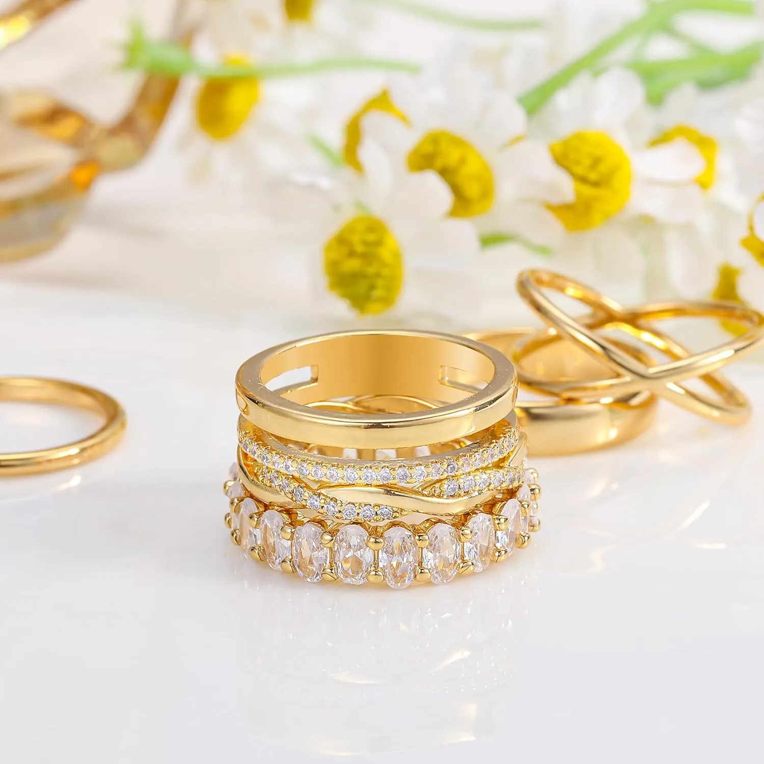 Gold Stackable Rings Set for Women, 14k Gold Plated Stacking CZ Thumb Rings Non Tarnish, Dainty Gold Knuckle Chunky Rings for Gift Size 5/6/7/8/9/10
