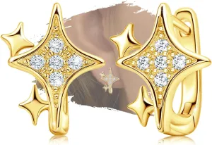 Gold Star Hoop Earrings for Teen Girls Women - Sterling Silver Star Shaped Earrings Hypoallergenic Cubic Zirconia Lightweight Small Star Loop Earrings Gifts for Daughter Granddaughter for Christmas