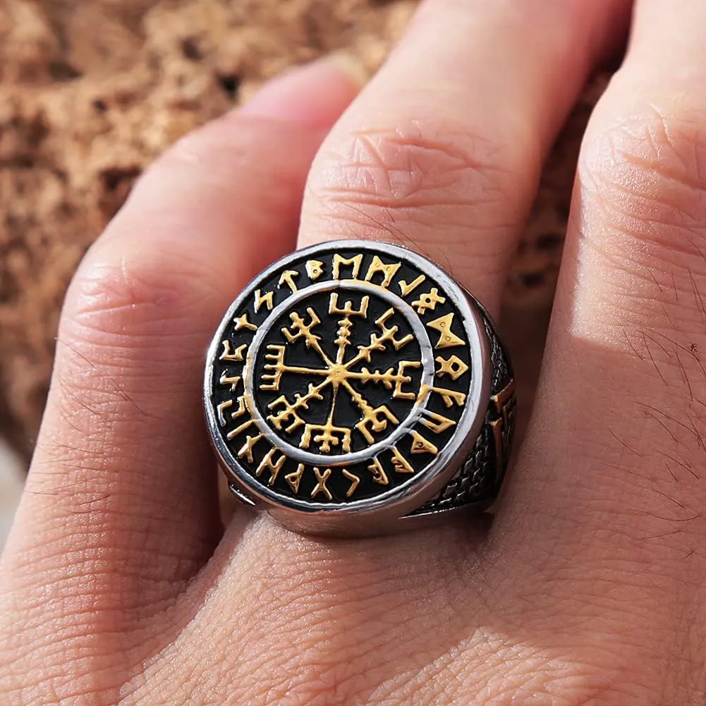 Golden Stainless Steel Viking Compass Vegivisir Ring for Men Women, Norse Pagan Jewelry Ring Viking Rune Beard Beads Gift