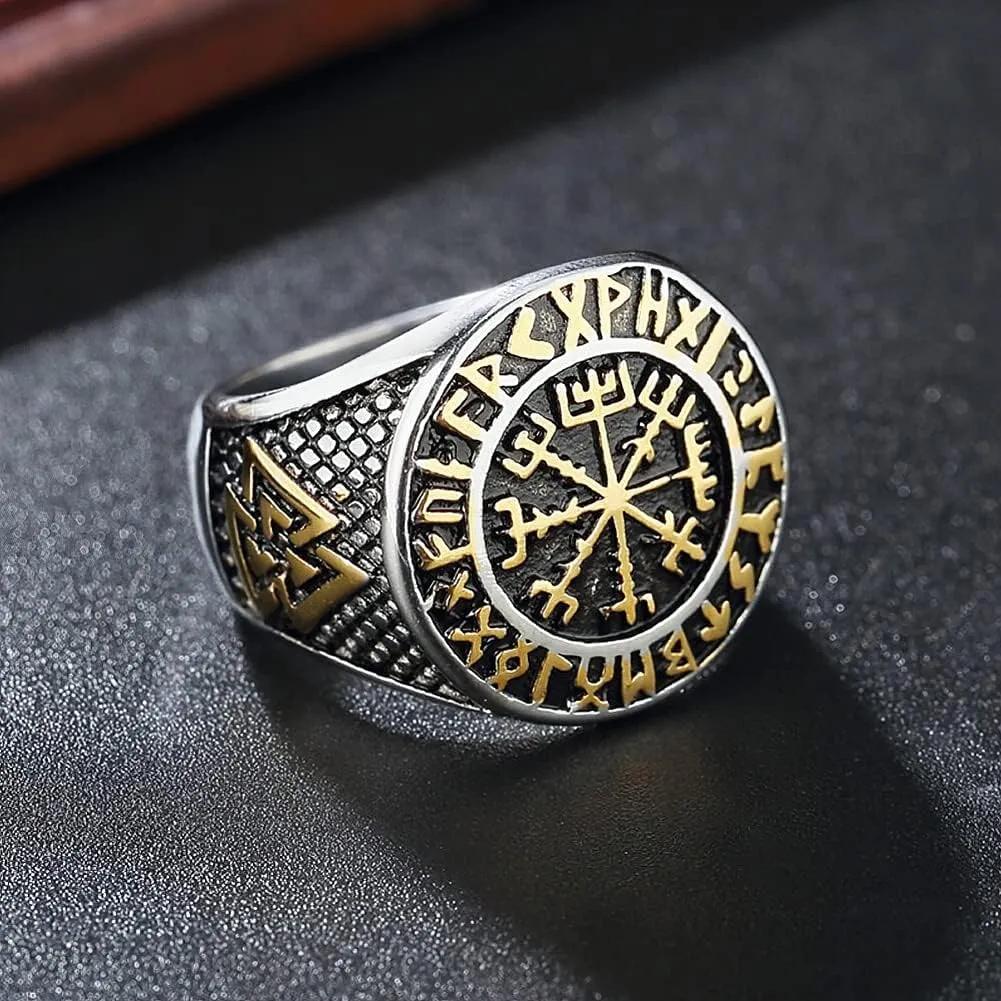 Golden Stainless Steel Viking Compass Vegivisir Ring for Men Women, Norse Pagan Jewelry Ring Viking Rune Beard Beads Gift
