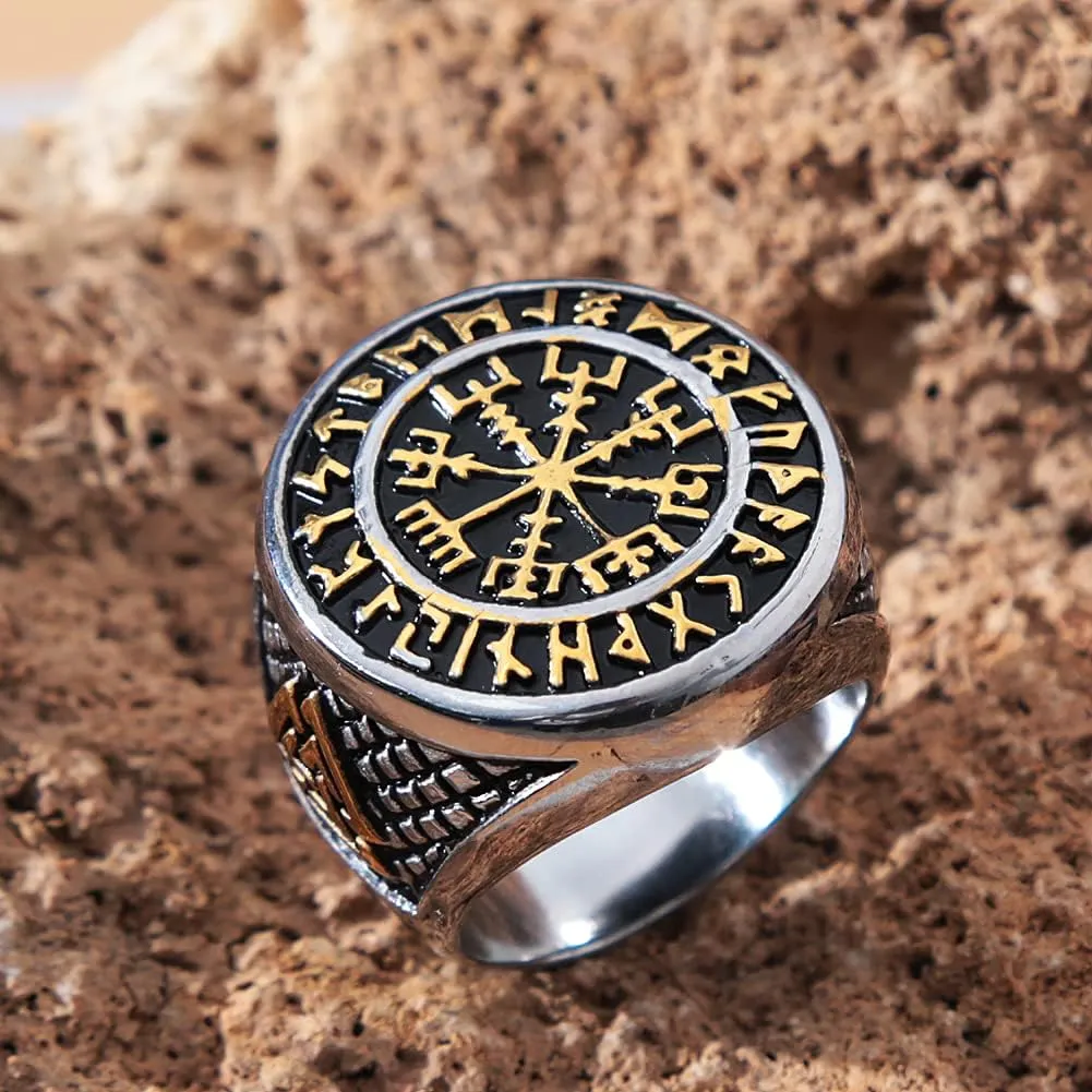 Golden Stainless Steel Viking Compass Vegivisir Ring for Men Women, Norse Pagan Jewelry Ring Viking Rune Beard Beads Gift