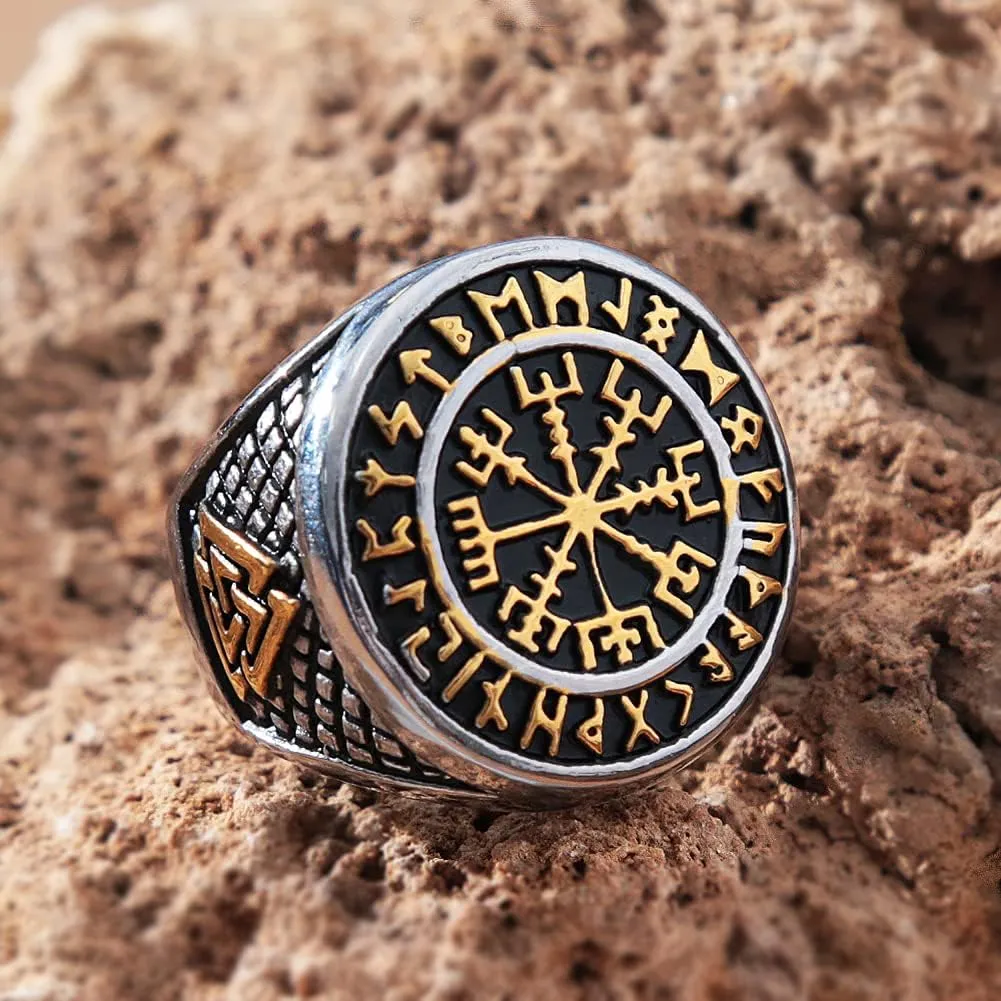 Golden Stainless Steel Viking Compass Vegivisir Ring for Men Women, Norse Pagan Jewelry Ring Viking Rune Beard Beads Gift