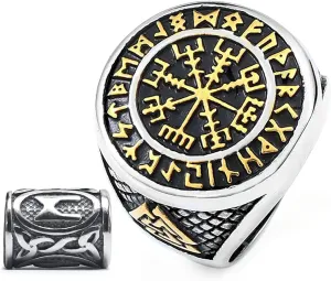 Golden Stainless Steel Viking Compass Vegivisir Ring for Men Women, Norse Pagan Jewelry Ring Viking Rune Beard Beads Gift