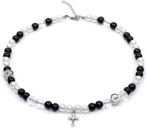 Gothic Cross Charm Pendant Necklaces Y2k Fashion Black Beads Pearls Chain Choker Necklace for Women Men Jewelry Gifts