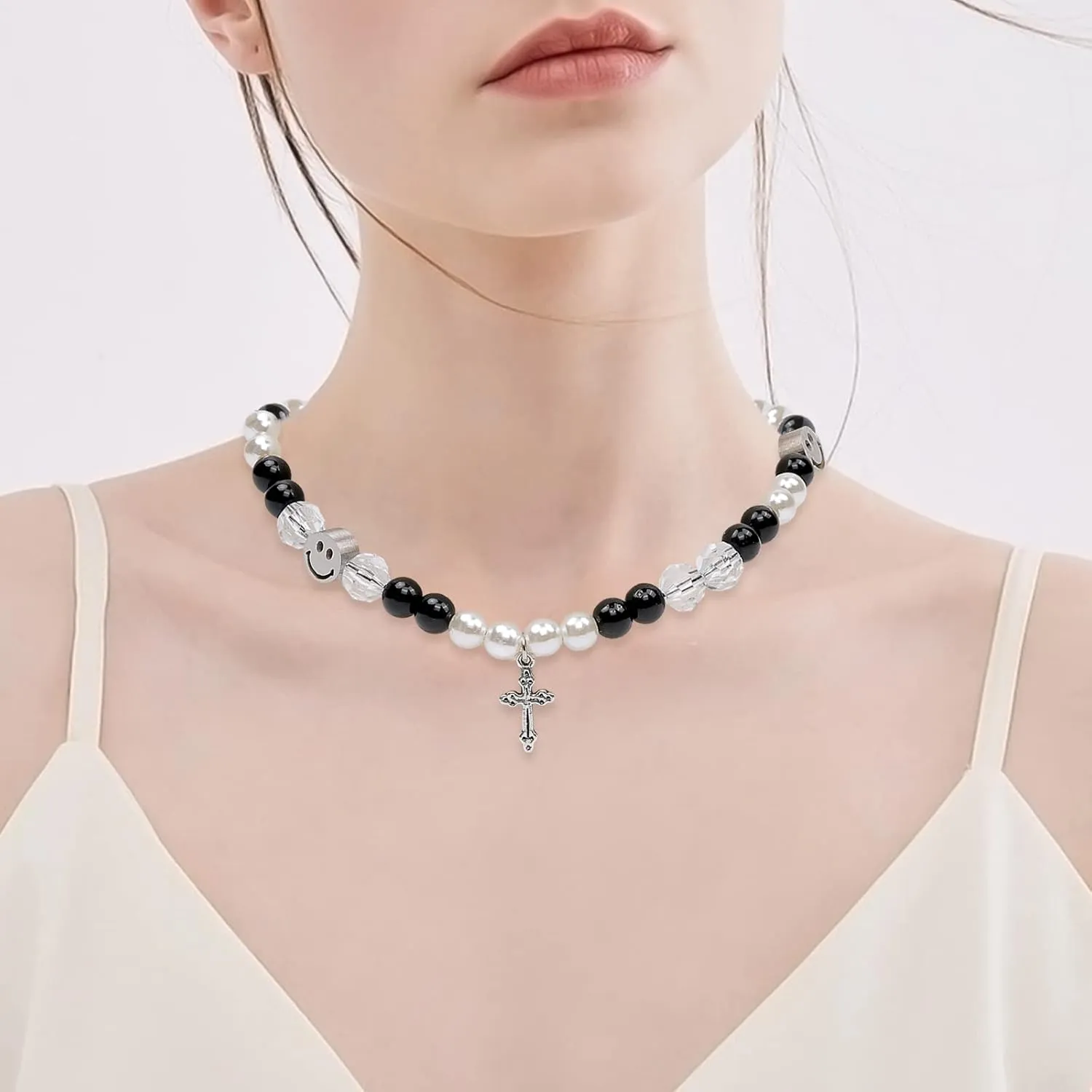 Gothic Cross Charm Pendant Necklaces Y2k Fashion Black Beads Pearls Chain Choker Necklace for Women Men Jewelry Gifts