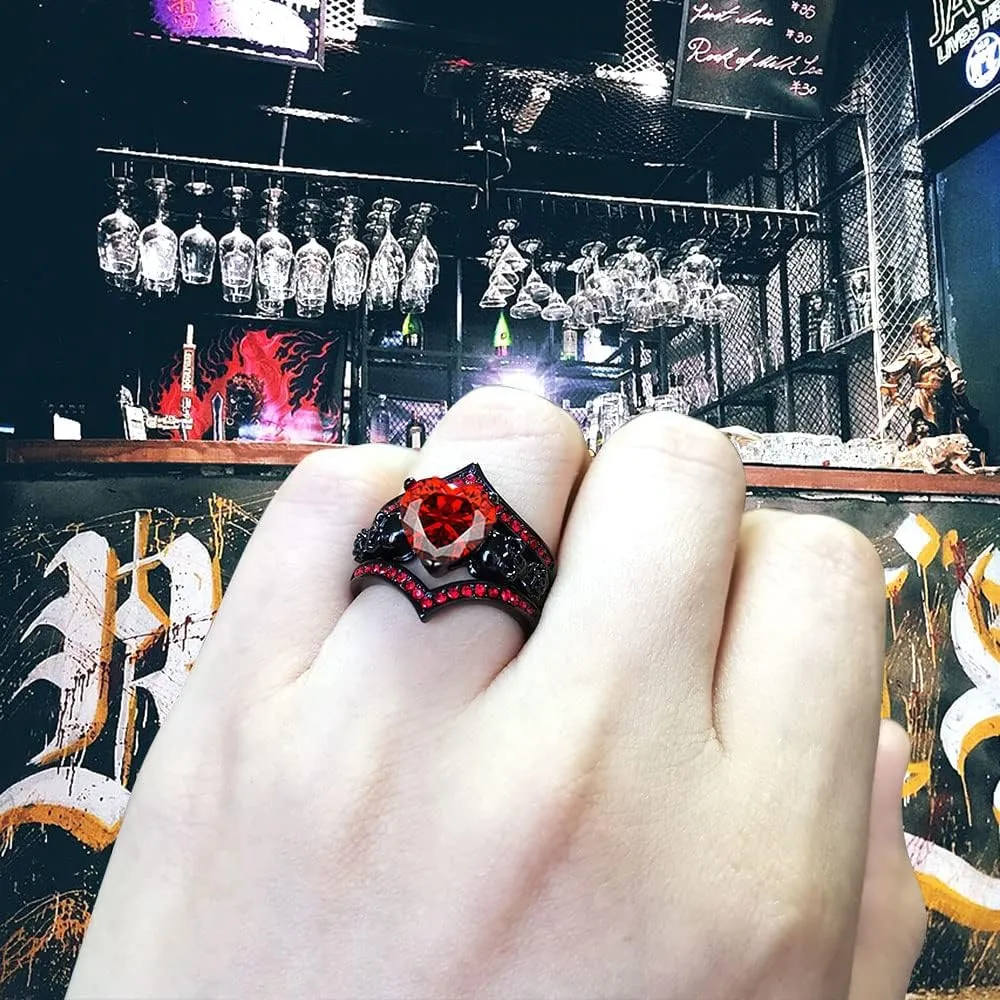 Gothic Skull Engagement Ring Sets Promise Eternity Band Rings Cubic Zirconia Wedding Anniversary Promise Rings Bridal Cocktail Party Biker Jewelry
