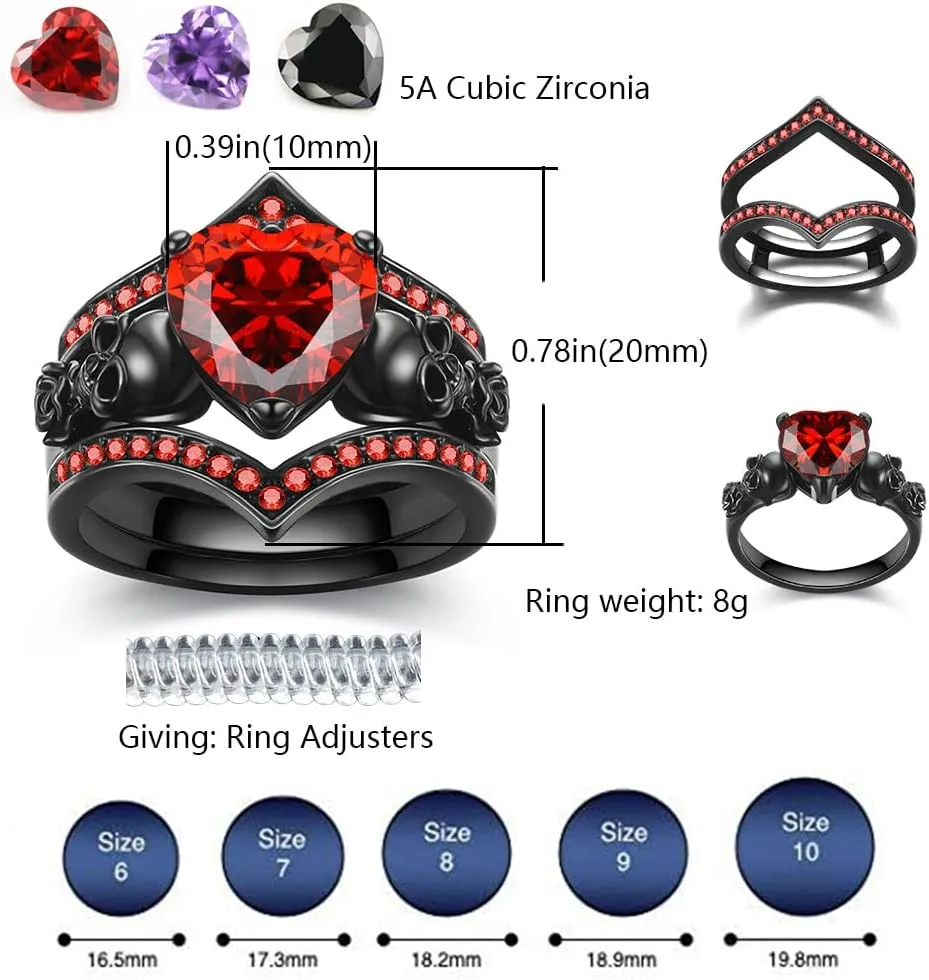 Gothic Skull Engagement Ring Sets Promise Eternity Band Rings Cubic Zirconia Wedding Anniversary Promise Rings Bridal Cocktail Party Biker Jewelry