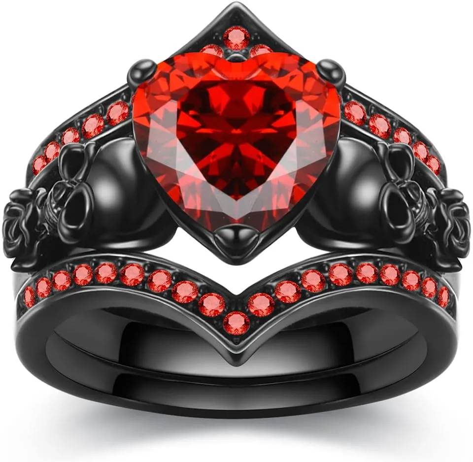 Gothic Skull Engagement Ring Sets Promise Eternity Band Rings Cubic Zirconia Wedding Anniversary Promise Rings Bridal Cocktail Party Biker Jewelry