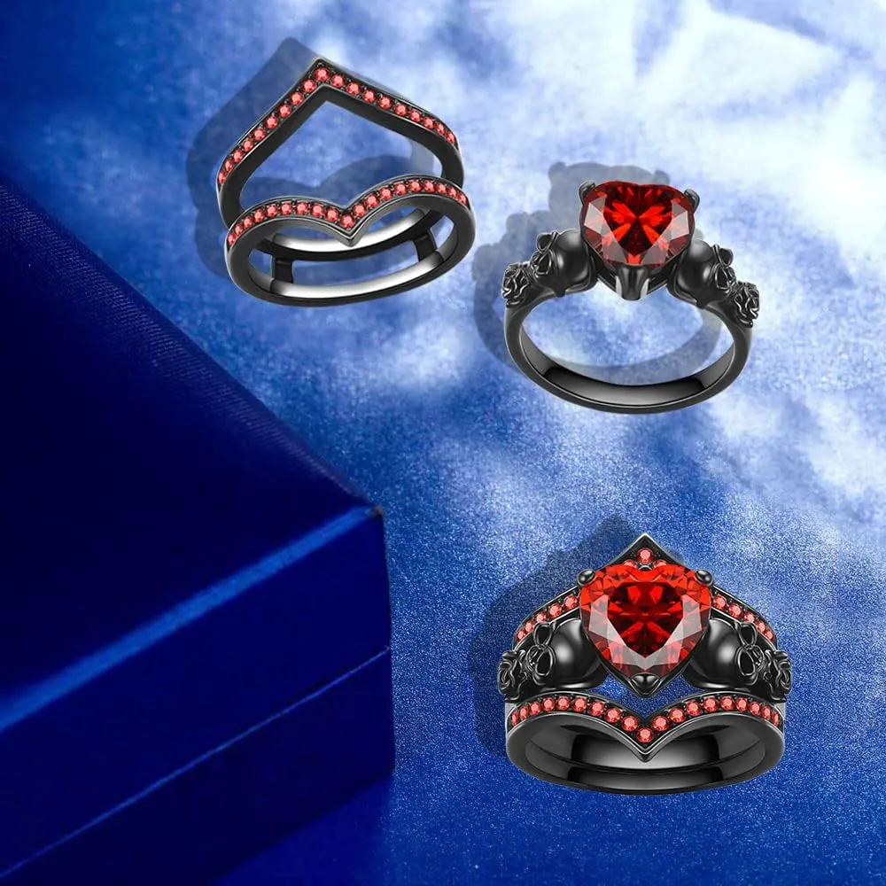 Gothic Skull Engagement Ring Sets Promise Eternity Band Rings Cubic Zirconia Wedding Anniversary Promise Rings Bridal Cocktail Party Biker Jewelry