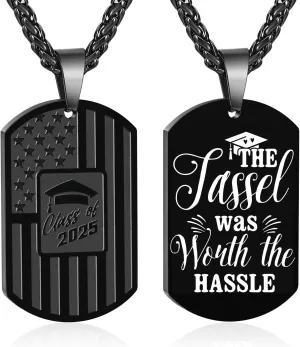 Graduation Gifts for Him, Class of 2025 College High School Senior Graduate Necklace for Men Teenager Boys American Flag Dog Tag Pendant Cross Chain Inspirational Jewelry