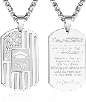 Graduation Gifts for Him, Class of 2025 College High School Senior Graduate Necklace for Men Teenager Boys American Flag Dog Tag Pendant Cross Chain Inspirational Jewelry