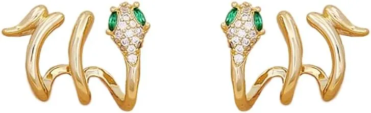 Green CZ Snake Cuff Wrap Stud Earrings for Women 925 Sterling Silver Post 14K Gold Plated Unique Animal Studs Punk Hypoallergenic Fashion Jewelry Party Christmas Gifts