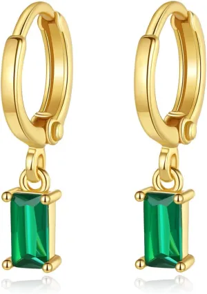 Green Earrings 18k Gold Plated Huggie Earrings with Dangle Simulated Emerald Earrings for Women Small Gold Huggie Hoop Earrings