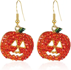 Halloween Pumpkin Earrings Hypoallergenic Rhinestone Crystal Dangle for Women Holiday Night Costume Jewelry Pumpkin Drop Earrings Festive