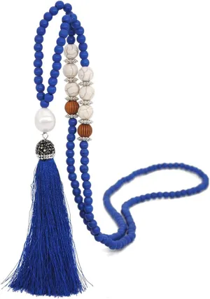 Handmade Multicolor Long Tassel Fringe Pendant Necklace Turquoise Pearl Crystal Mala Beads Necklace for Women Ethnic Boho Prayer Jewelry