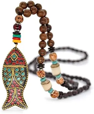handwork Ethnic style Buddhist Beads Sweater Chain Necklace Wooden fish Pendant Long Necklace Fashion Clothing Accessories