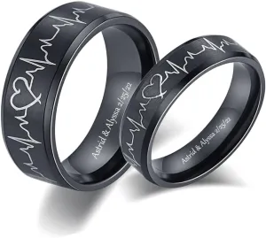 Heartbeat Rings for Couples Matching Promise Rings Stainless Steel Customizable Black Couples Rings for Him and Her Set Engagement Wedding Ring Set for Women Men Christmas Gift Valentine's Day Jewelry