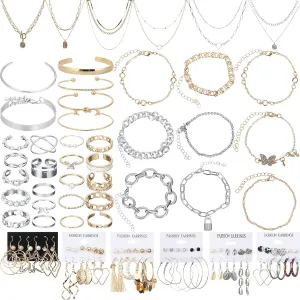 Henoyso 78 Pcs Jewelry Sets for Women with 6 Pcs Necklace 16 Pieces Aesthetic Bracelet 36 Pairs Dangle Earrings 20 Pieces Knuckle Rings Valentine Anniversary Birthday Party Gift