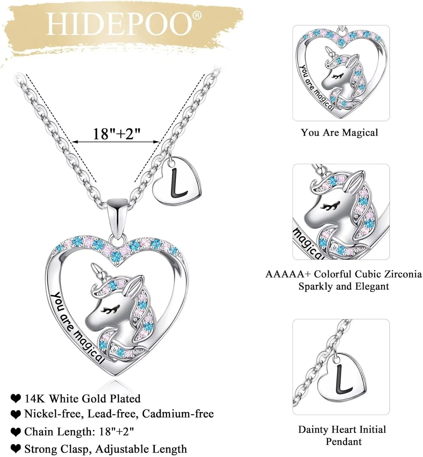 Hidepoo Unicorn Necklace for Girls Gifts - 14K White Gold Plated CZ Heart Pendant Unicorn Necklace Gifts Jewelry Letter Initial Unicorn Necklaces Unicorns Gifts Birthday Gifts for Girls Teen Girls
