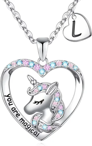 Hidepoo Unicorn Necklace for Girls Gifts - 14K White Gold Plated CZ Heart Pendant Unicorn Necklace Gifts Jewelry Letter Initial Unicorn Necklaces Unicorns Gifts Birthday Gifts for Girls Teen Girls