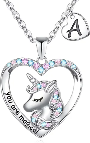 Hidepoo Unicorn Necklace for Girls Gifts - 14K White Gold Plated CZ Heart Pendant Unicorn Necklace Gifts Jewelry Letter Initial Unicorn Necklaces Unicorns Gifts Birthday Gifts for Girls Teen Girls