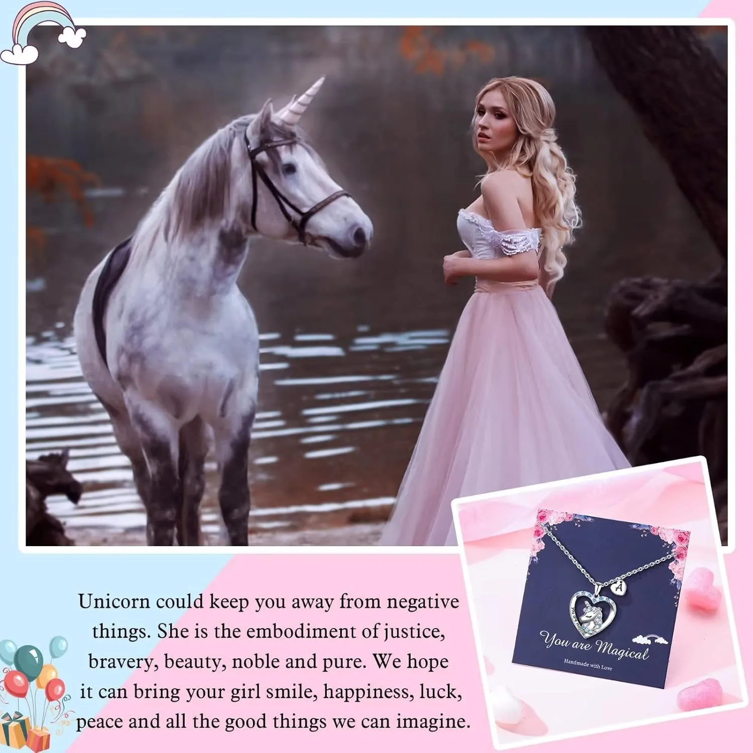 Hidepoo Unicorn Necklace for Girls Gifts - 14K White Gold Plated CZ Heart Pendant Unicorn Necklace Gifts Jewelry Letter Initial Unicorn Necklaces Unicorns Gifts Birthday Gifts for Girls Teen Girls