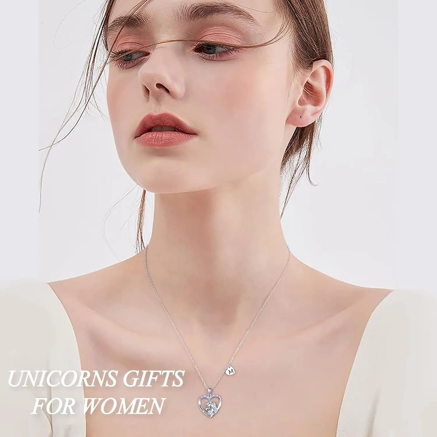 Hidepoo Unicorn Necklace for Girls Gifts - 14K White Gold Plated CZ Heart Pendant Unicorn Necklace Gifts Jewelry Letter Initial Unicorn Necklaces Unicorns Gifts Birthday Gifts for Girls Teen Girls