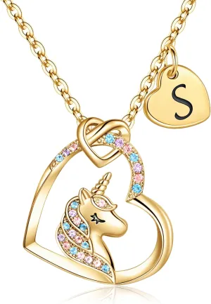 Hidepoo Unicorn Necklace Graduation Gifts for Girls Dauther - Colorful CZ Heart Pendant Initial Unicorn Necklaces for Girl Teens Little Girls Jewelry Birthday Gift