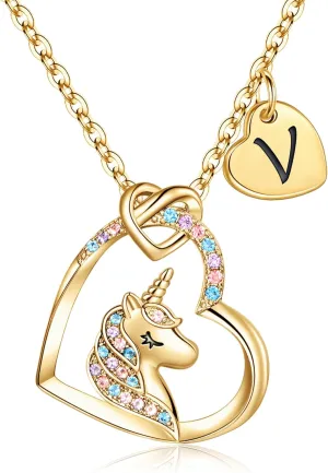 Hidepoo Unicorn Necklace Graduation Gifts for Girls Dauther - Colorful CZ Heart Pendant Initial Unicorn Necklaces for Girl Teens Little Girls Jewelry Birthday Gift