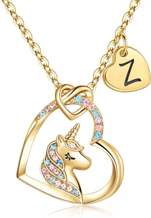 Hidepoo Unicorn Necklace Graduation Gifts for Girls Dauther - Colorful CZ Heart Pendant Initial Unicorn Necklaces for Girl Teens Little Girls Jewelry Birthday Gift