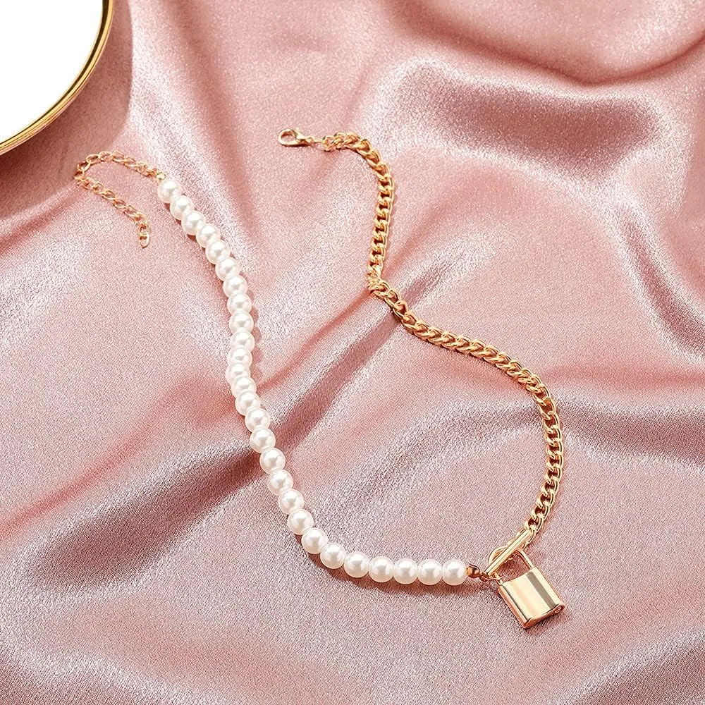 Hip Hop Multi-Layer Pearl Strand Choker Necklace Punk Layered Chunky Paperclip Link Chain Key Lock Bib Collar Necklace for Women