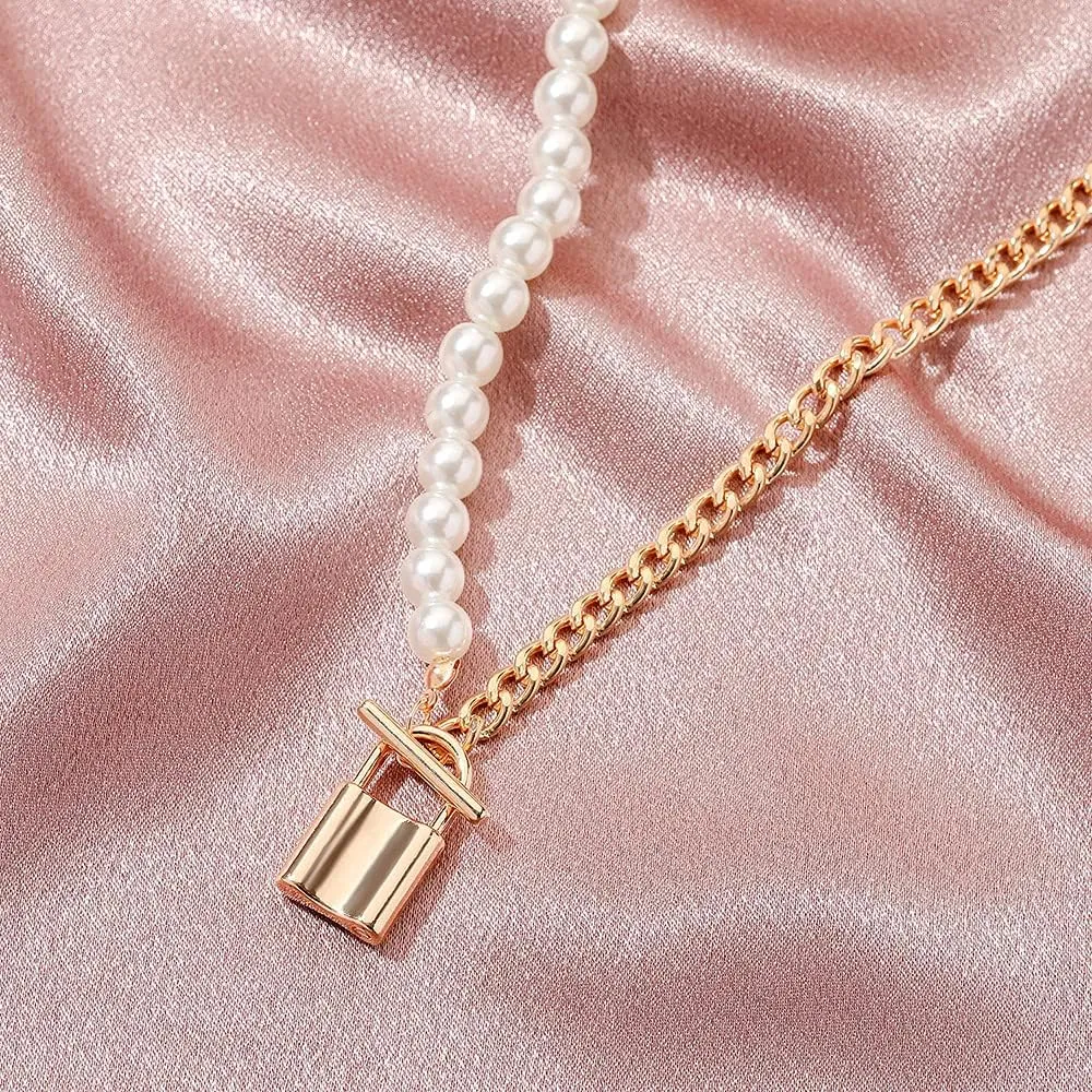 Hip Hop Multi-Layer Pearl Strand Choker Necklace Punk Layered Chunky Paperclip Link Chain Key Lock Bib Collar Necklace for Women