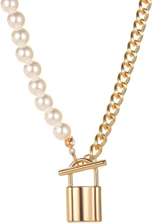 Hip Hop Multi-Layer Pearl Strand Choker Necklace Punk Layered Chunky Paperclip Link Chain Key Lock Bib Collar Necklace for Women