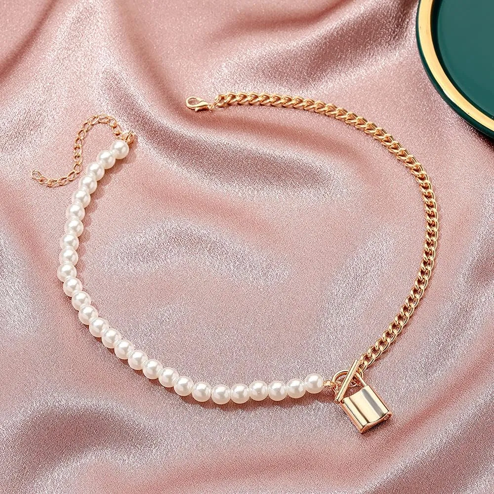 Hip Hop Multi-Layer Pearl Strand Choker Necklace Punk Layered Chunky Paperclip Link Chain Key Lock Bib Collar Necklace for Women