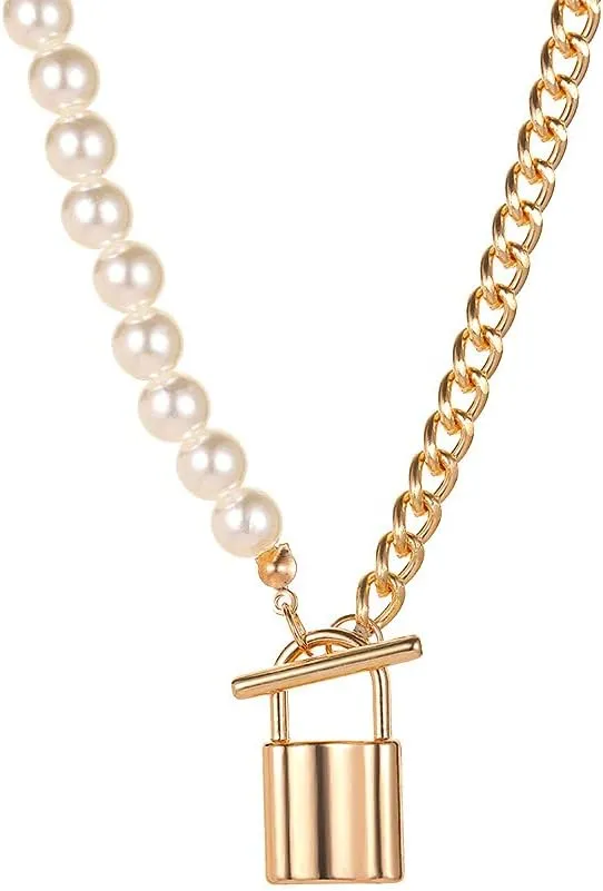 Hip Hop Multi-Layer Pearl Strand Choker Necklace Punk Layered Chunky Paperclip Link Chain Key Lock Bib Collar Necklace for Women