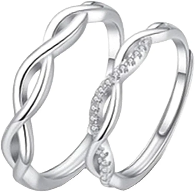 His Hers Couples Ring Set S925 Silver Adjustable Anniversary Promise Wedding Twist Ring Engagement Finger Bands Endless Love Matching Gifts for Women Men
