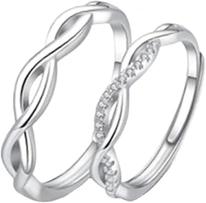 His Hers Couples Ring Set S925 Silver Adjustable Anniversary Promise Wedding Twist Ring Engagement Finger Bands Endless Love Matching Gifts for Women Men