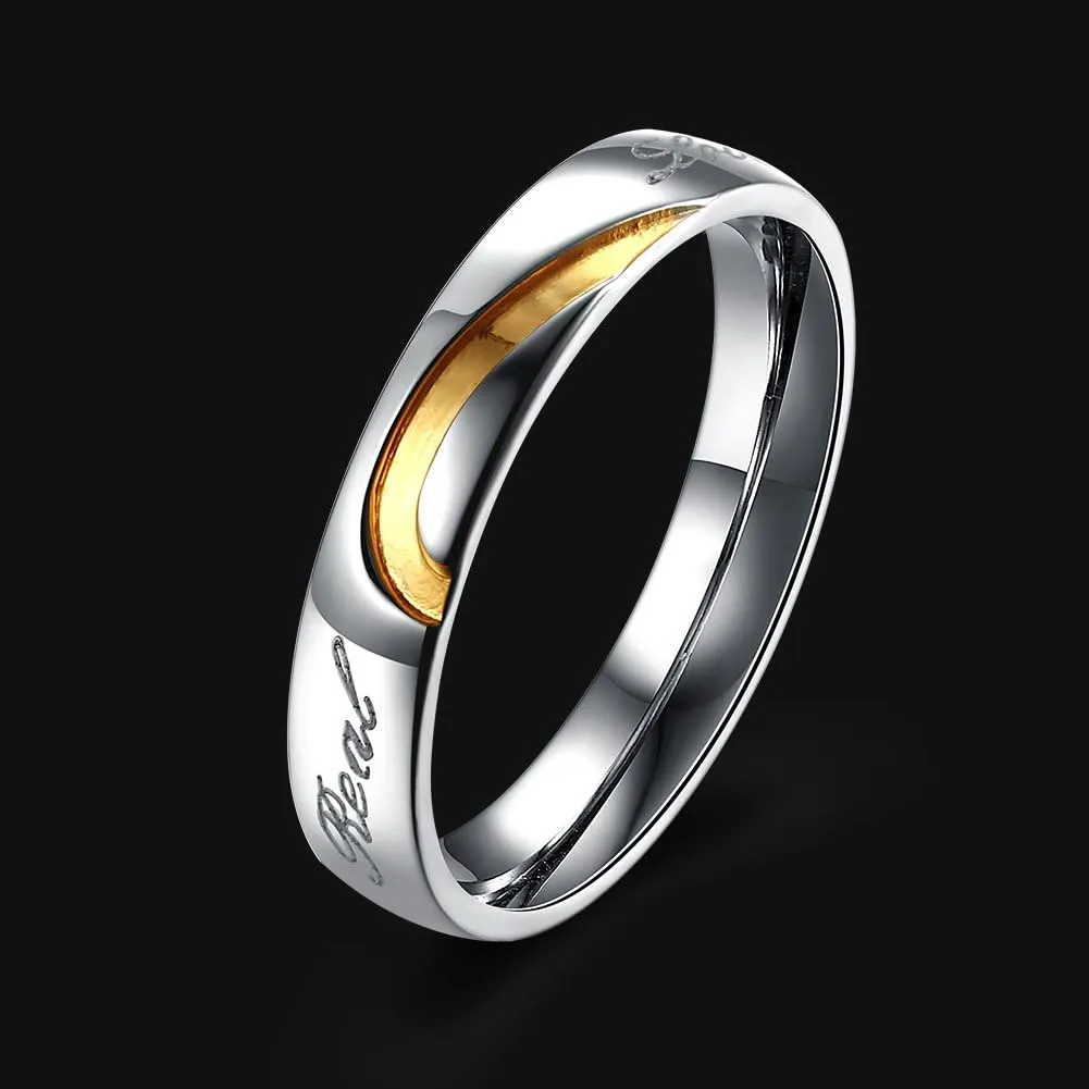 His or Hers Matching Set Engraved with "Real Love" Titanium Steel Couple Wedding Band Ring