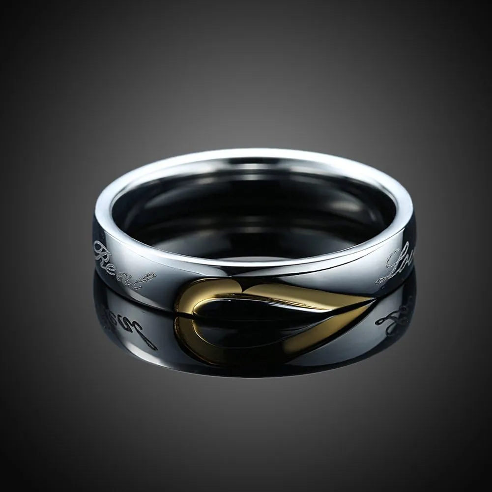 His or Hers Matching Set Engraved with "Real Love" Titanium Steel Couple Wedding Band Ring
