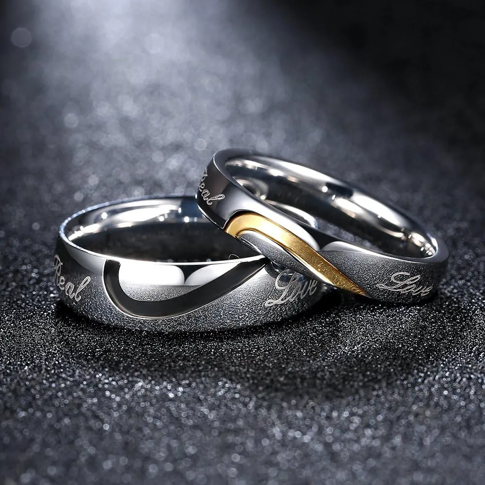 His or Hers Matching Set Engraved with "Real Love" Titanium Steel Couple Wedding Band Ring