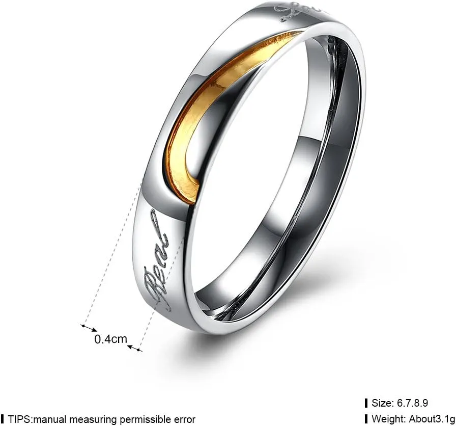 His or Hers Matching Set Engraved with "Real Love" Titanium Steel Couple Wedding Band Ring