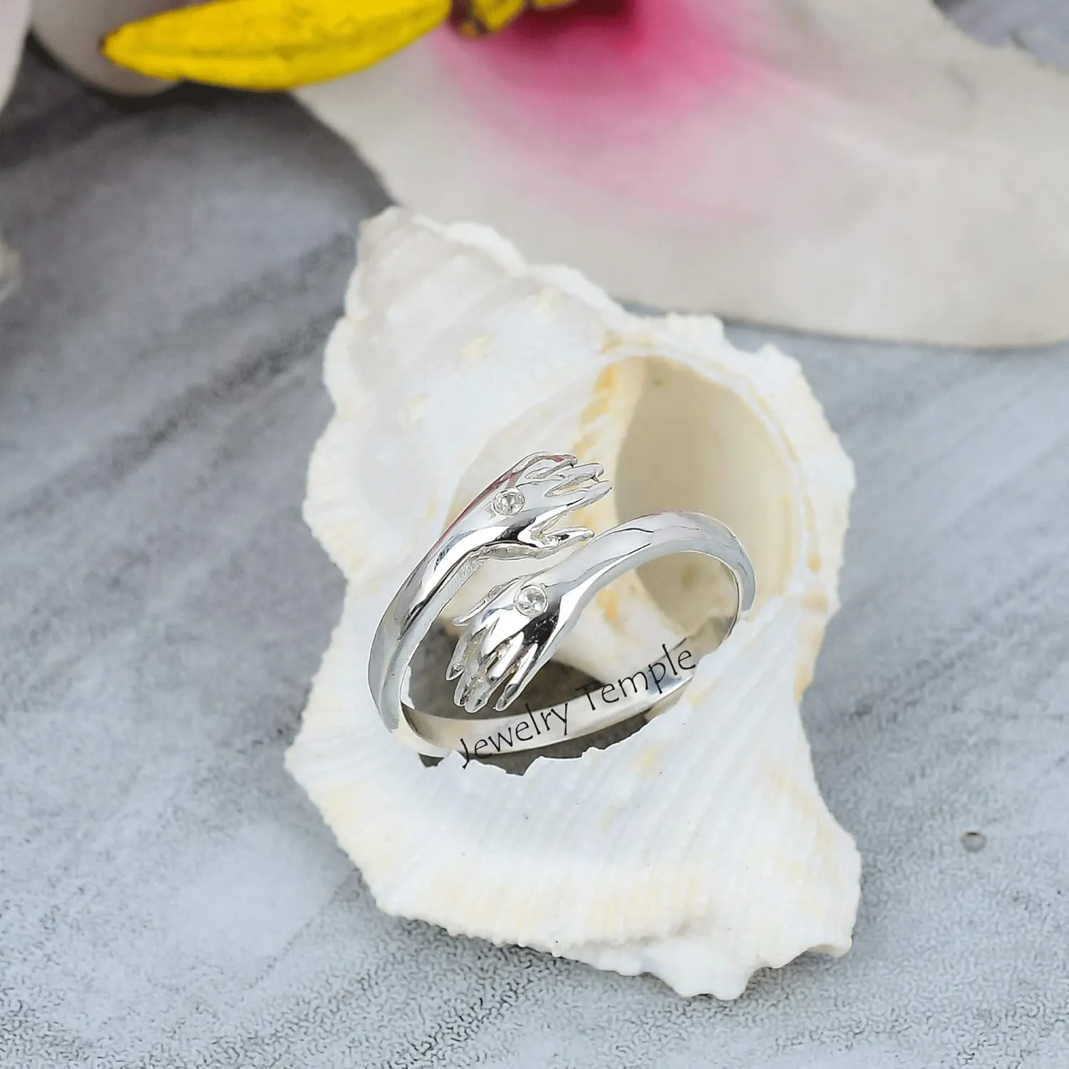 Hugging Love Rings | Natural Diamond Gemstone Signet Promise Rings For Men & Woman | Statement Stackable Band For Couple | 925 Sterling Silver Hand Shake Ring (Yellow Gold Plated, 9)