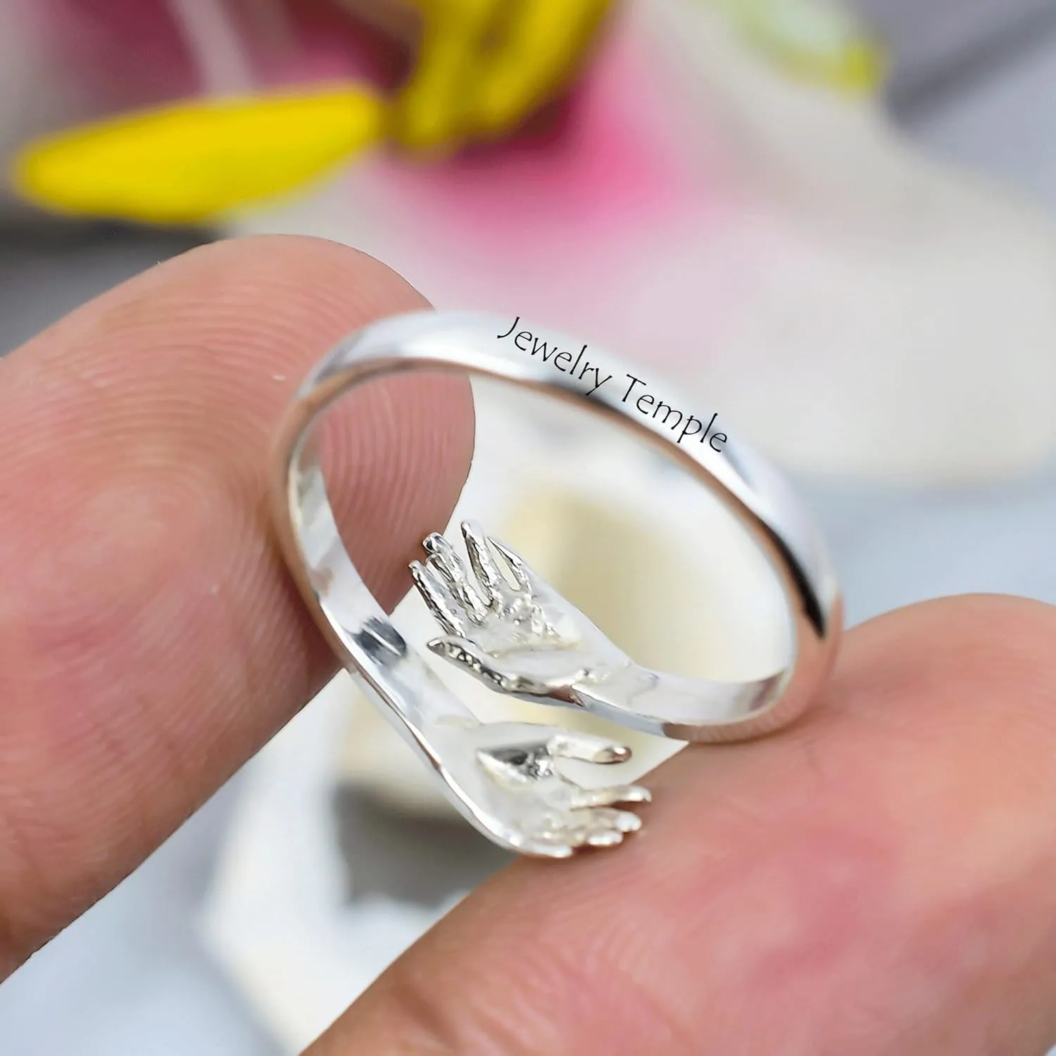 Hugging Love Rings | Natural Diamond Gemstone Signet Promise Rings For Men & Woman | Statement Stackable Band For Couple | 925 Sterling Silver Hand Shake Ring (Yellow Gold Plated, 9)