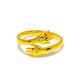 Hugging Love Rings | Natural Diamond Gemstone Signet Promise Rings For Men & Woman | Statement Stackable Band For Couple | 925 Sterling Silver Hand Shake Ring (Yellow Gold Plated, 9)