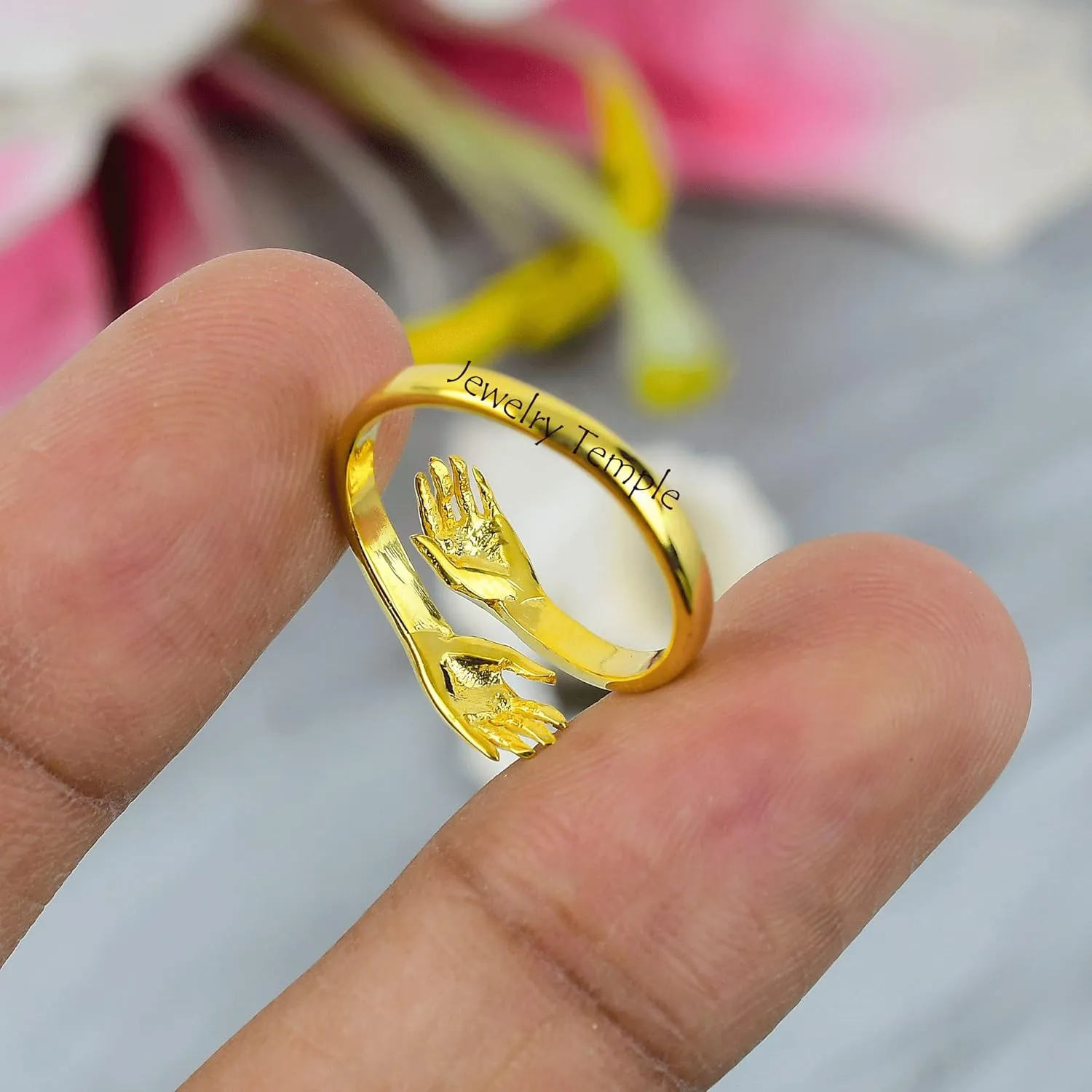 Hugging Love Rings | Natural Diamond Gemstone Signet Promise Rings For Men & Woman | Statement Stackable Band For Couple | 925 Sterling Silver Hand Shake Ring (Yellow Gold Plated, 9)