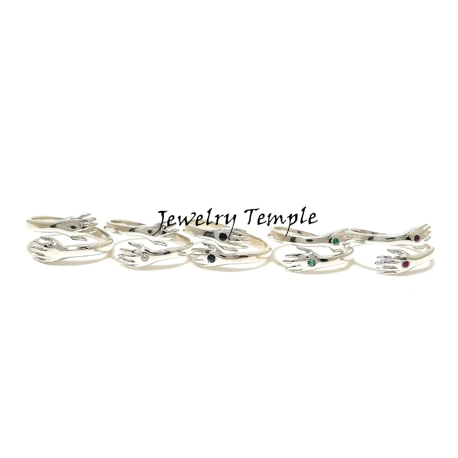 Hugging Love Rings | Natural Diamond Gemstone Signet Promise Rings For Men & Woman | Statement Stackable Band For Couple | 925 Sterling Silver Hand Shake Ring (Yellow Gold Plated, 9)